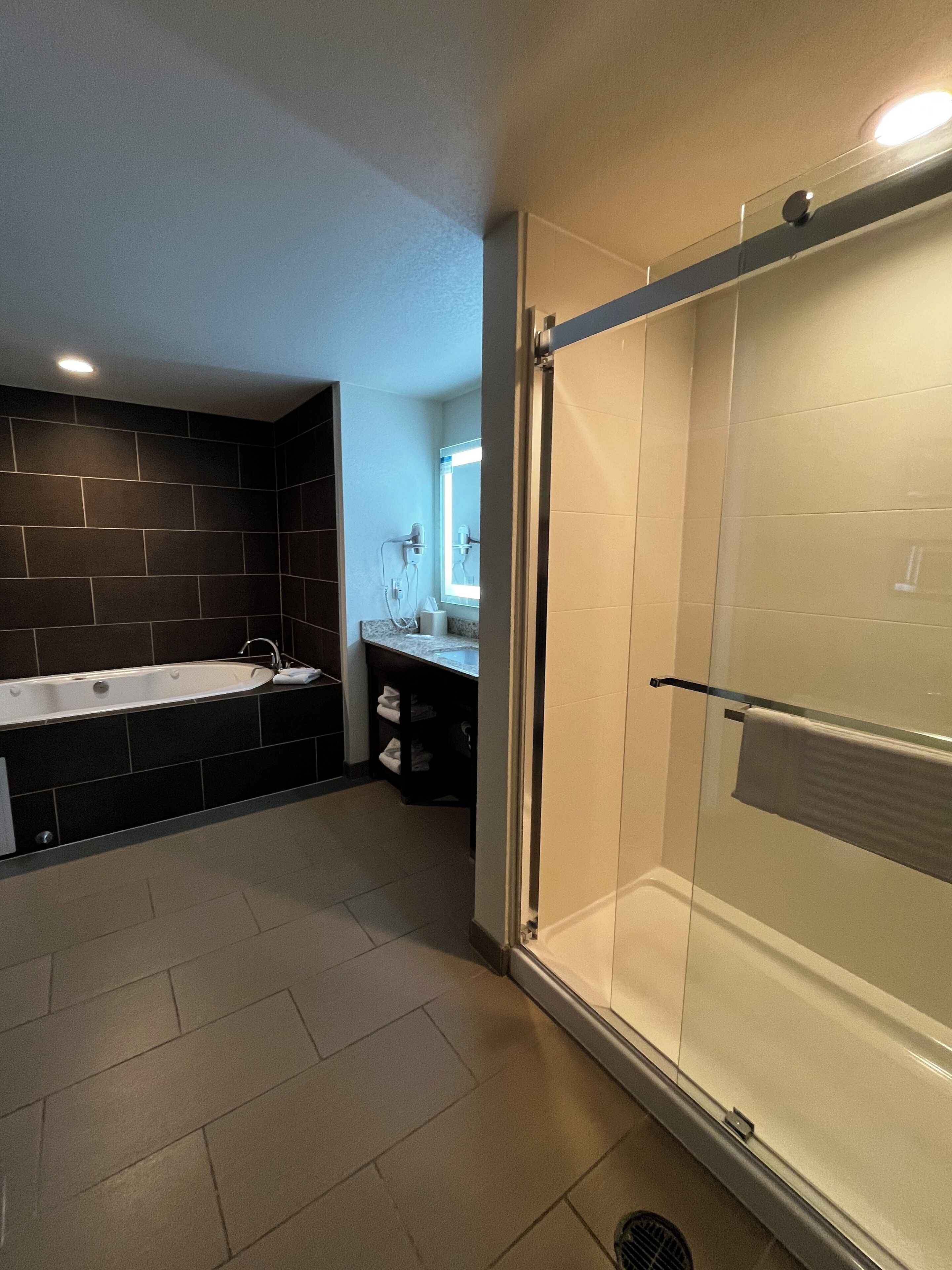 suite, 1 king bed with sofa bed, non smoking, hot tub | bathroom | free toiletries, hair dryer, towels