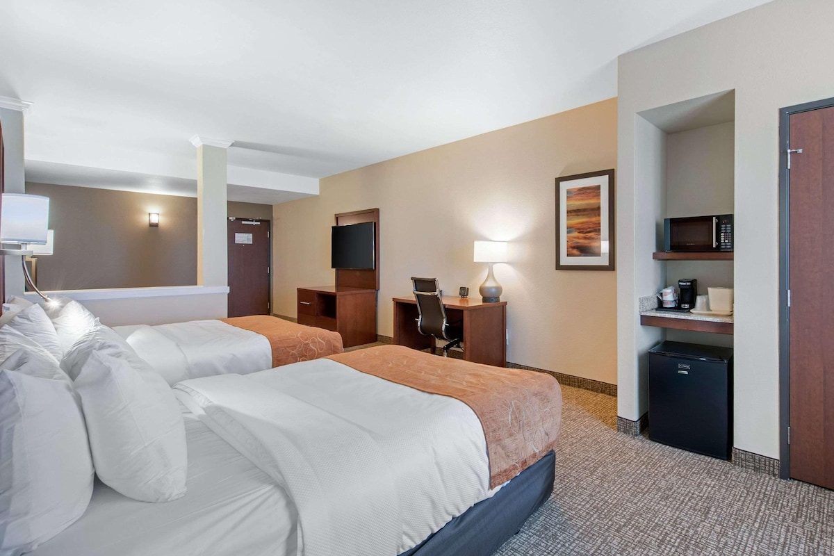 Habitación de hotel con dos camas, un escritorio, una silla, un televisor, una lámpara, un microondas y un refrigerador.