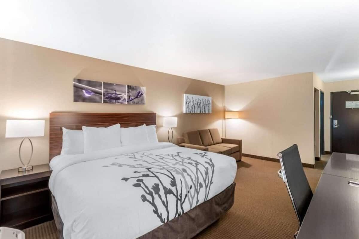 Ein Hotelzimmer mit einem Bett, einem Schreibtisch, einem Stuhl und zwei Wandlampen.