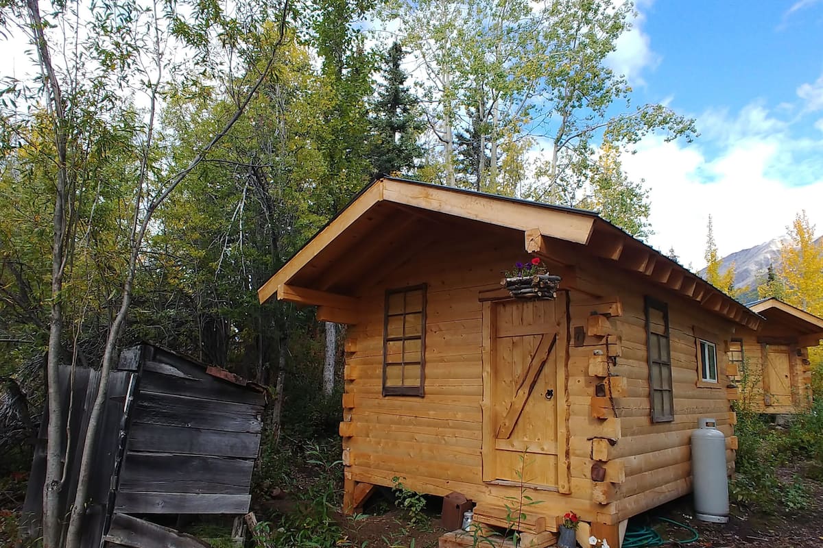 Une cabane en bois rustique, dotée d’un toit en pente, d’une porte d’entrée et d’un petit porche.