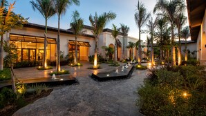 A courtyard with palm trees, a water feature, and a building with large windows.