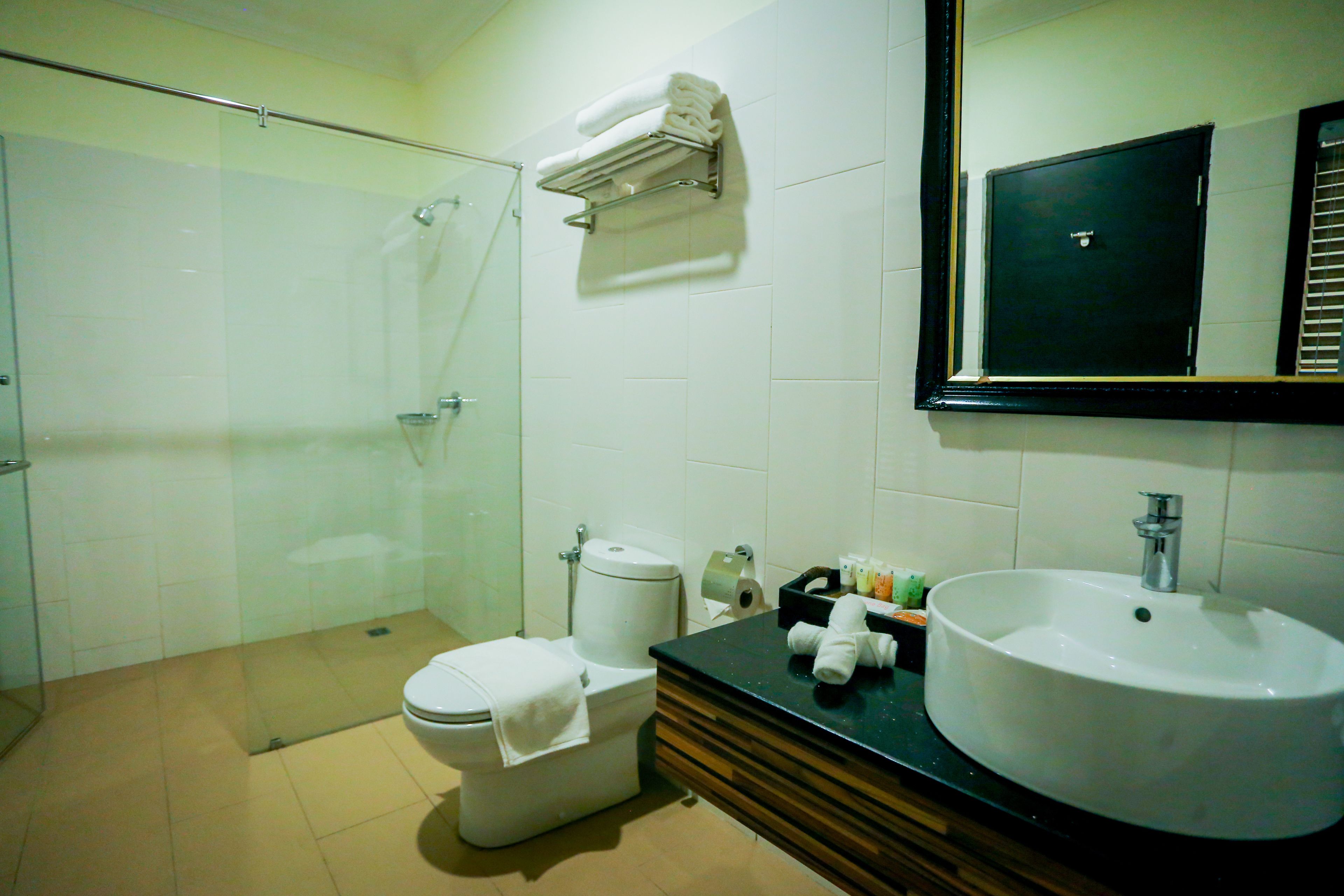Een badkamer met toilet, wastafel en douche.