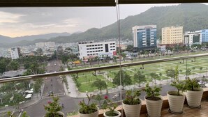 Un balcon agrémenté de plantes en pot, d’où l’on peut admirer une vue sur la ville, avec ses bâtiments et sa rue.
