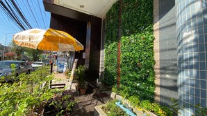 Un escaparate con un paraguas amarillo, una pared verde con plantas y una pared de azulejos.