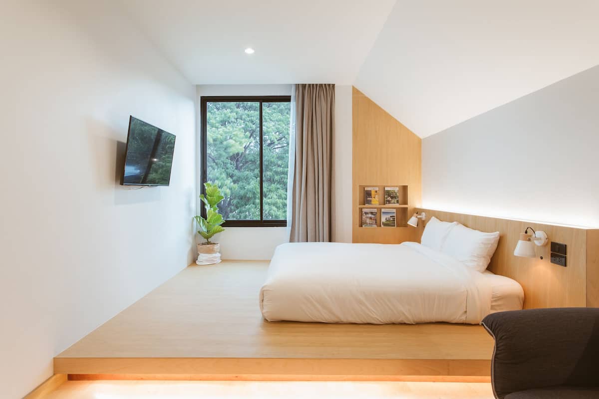 A modern bedroom with a large bed, a TV mounted on the wall, a window with curtains, and a small plant.