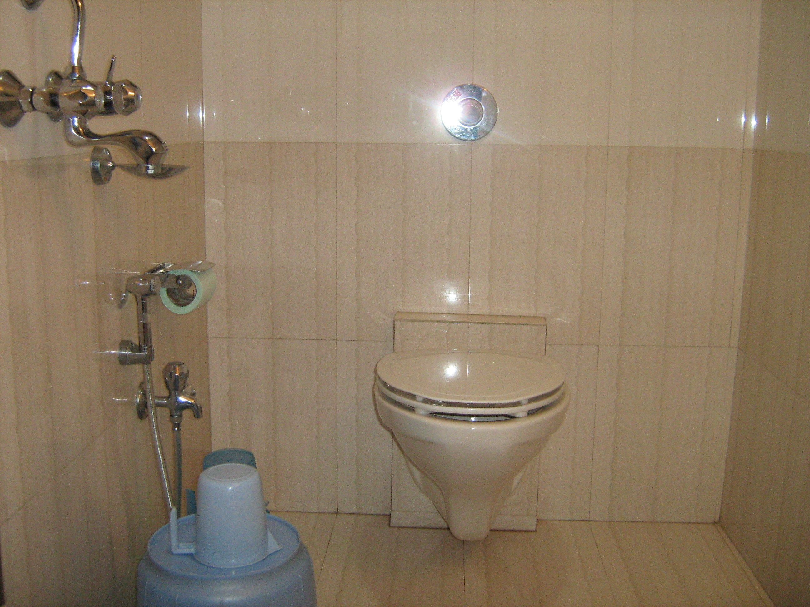A bathroom with a toilet, a shower with a handheld showerhead, and a water heater.