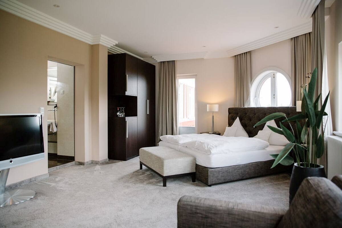 Una habitación de hotel con cama, televisión, planta y vistas al exterior.