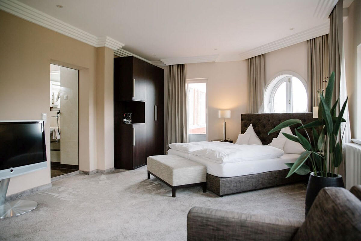 A hotel room with a bed, a TV, a plant, and a view of the outside.