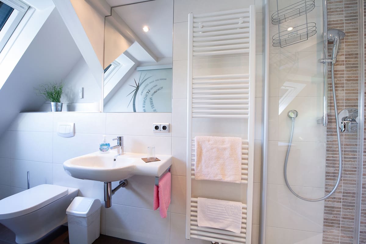 business single room | bathroom | shower, hair dryer, towels, soap