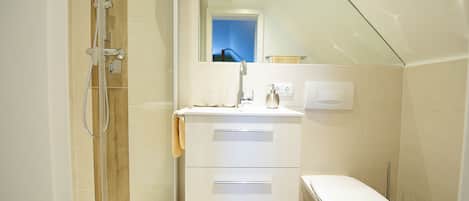 Douche, séchoir à cheveux, serviettes fournies, savon