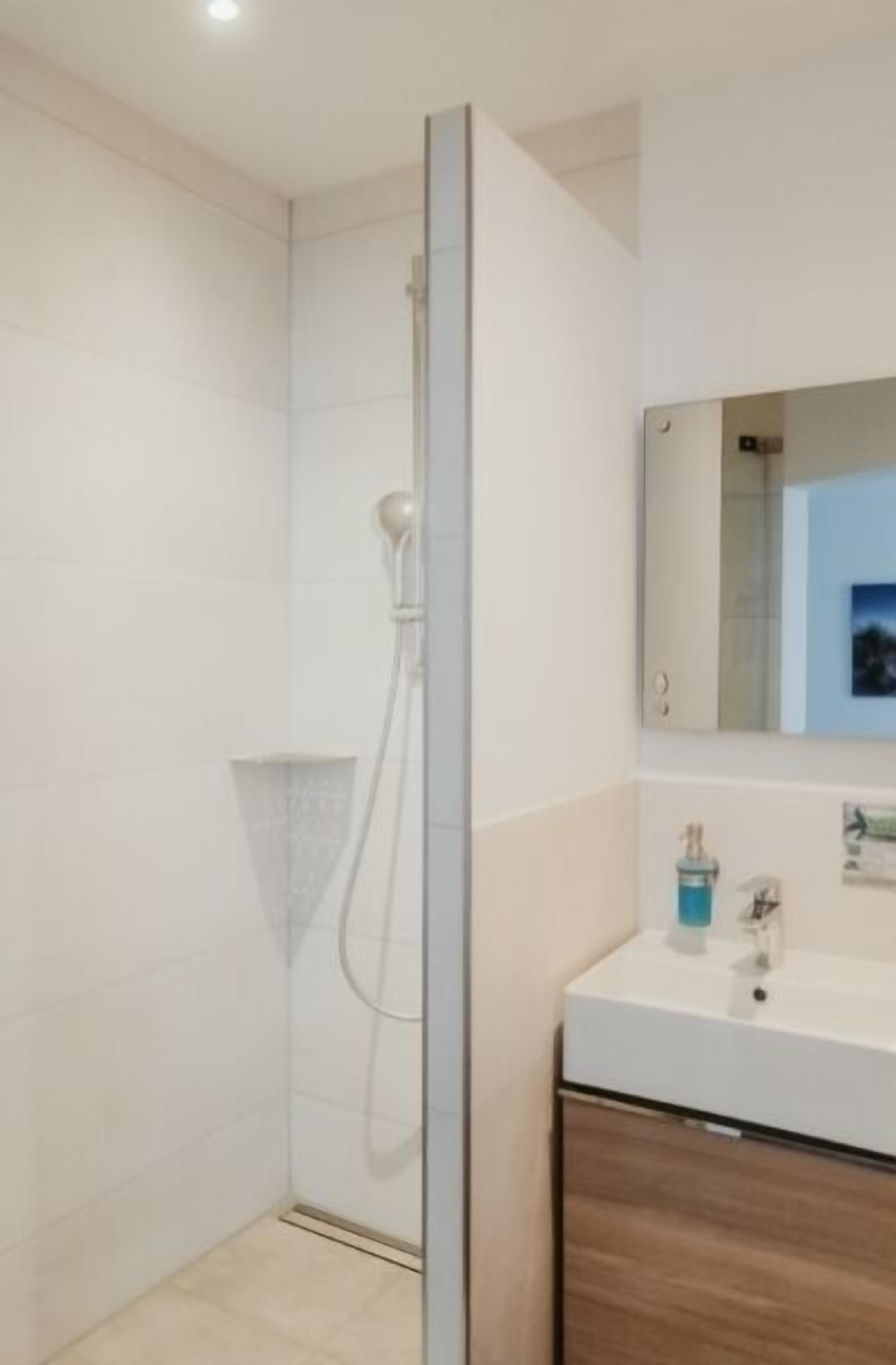 Ein modernes Badezimmer mit Dusche, Waschbecken und Spiegel.