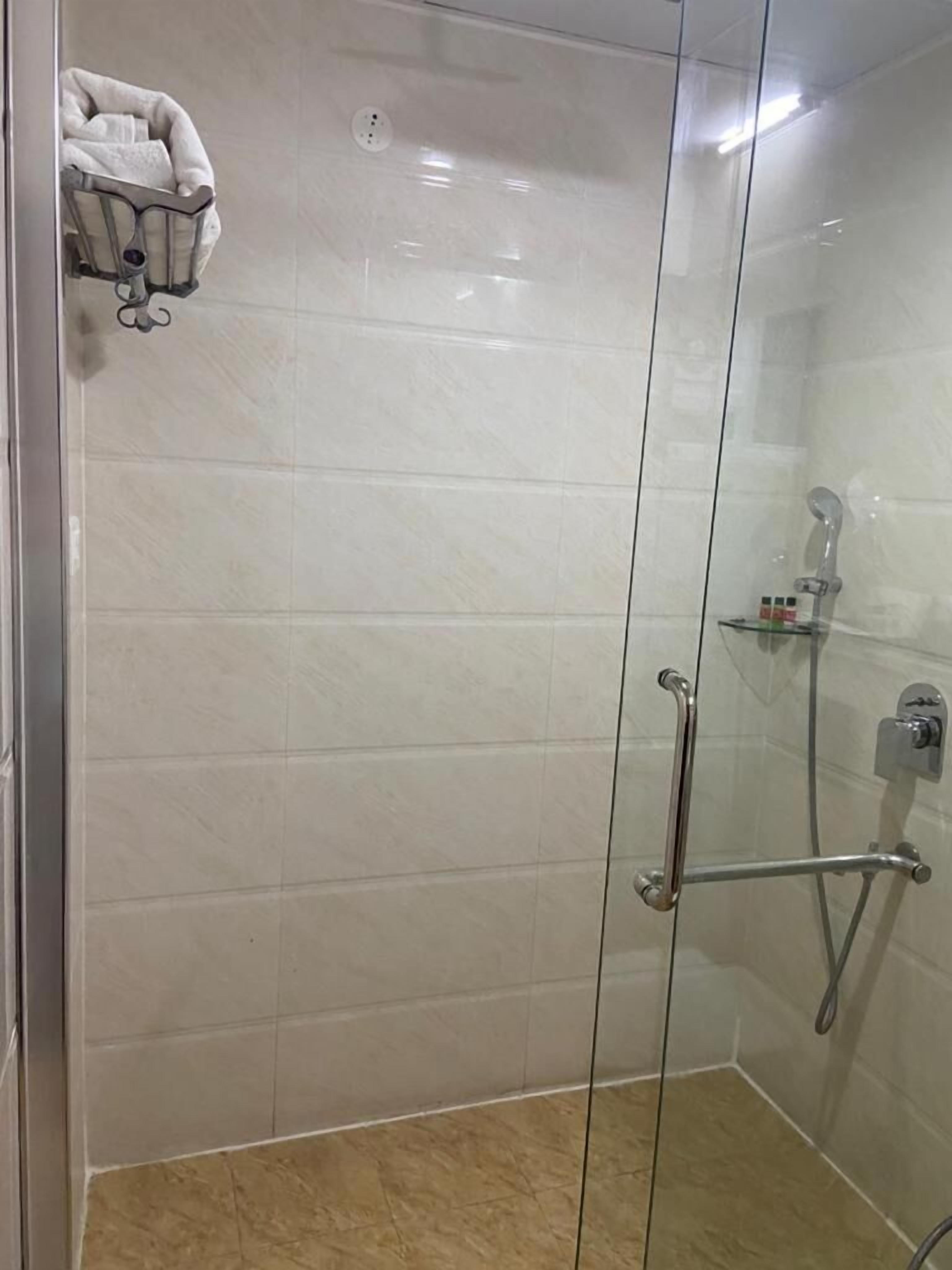 A glass-enclosed shower with a handrail, a towel rack, and a small shelf with toiletries.