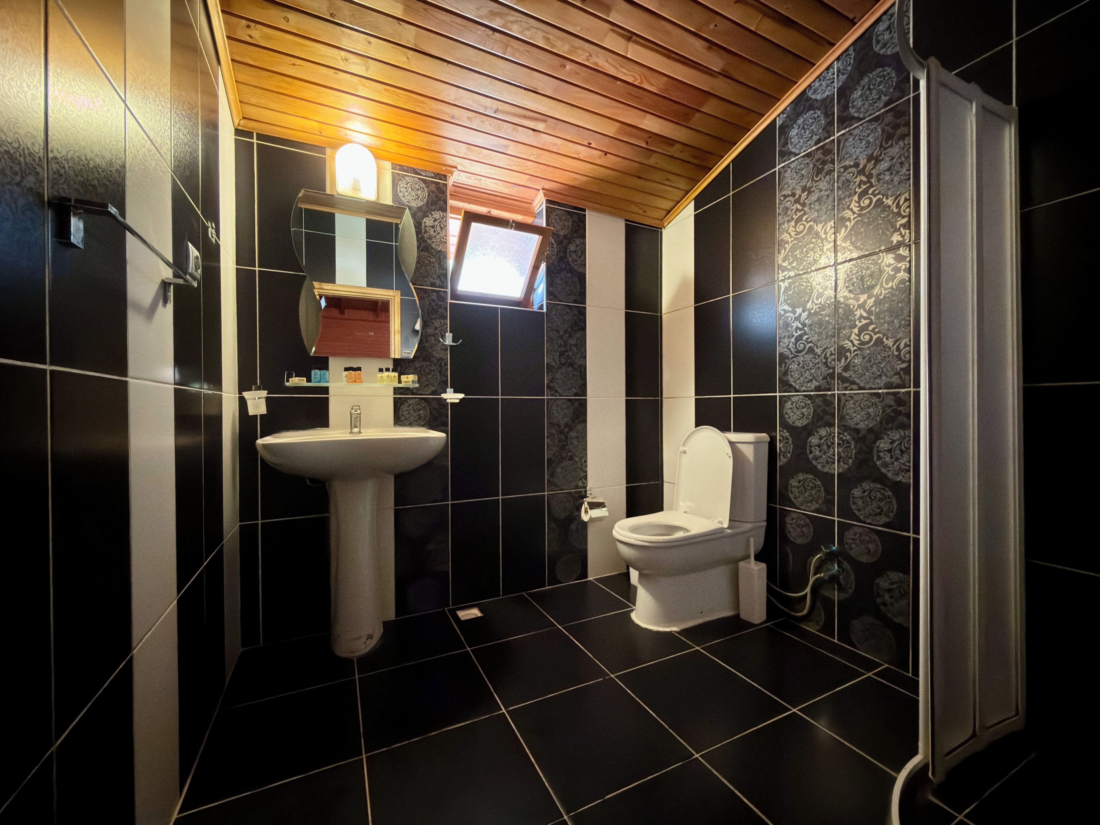 Un baño moderno con techo de madera, un lavamanos, un inodoro y baldosas con diseño.