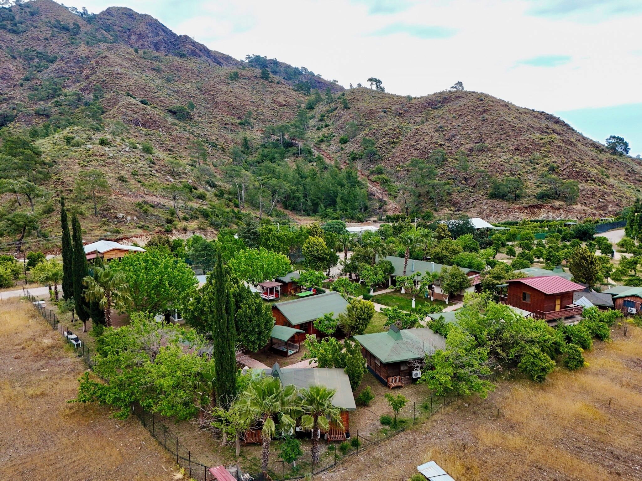 A rural area with several small houses surrounded by greenery and hills in the background.
