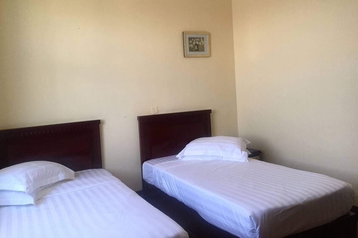 A room with two single beds, each with a wooden headboard and white bedding.