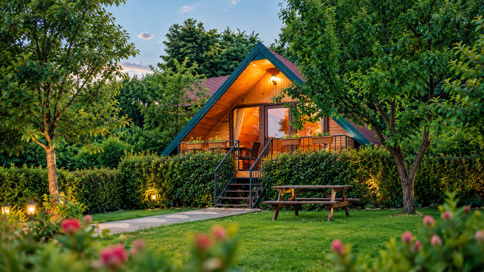 A wooden cabin with a staircase leading to a deck, surrounded by lush greenery and a well-maintained lawn.