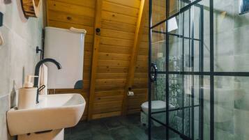 Shower, hydromassage showerhead, designer toiletries, hair dryer