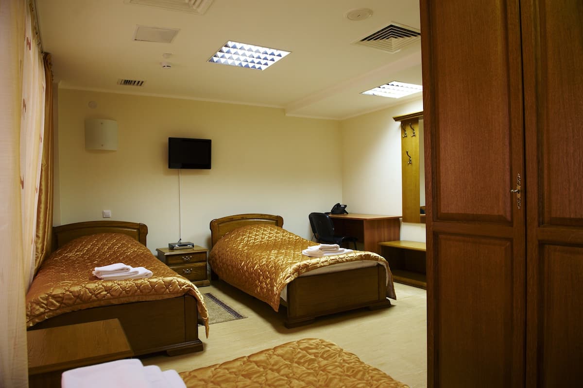 A hotel room with two single beds, a desk, a chair, a flat-screen TV, and a wardrobe.