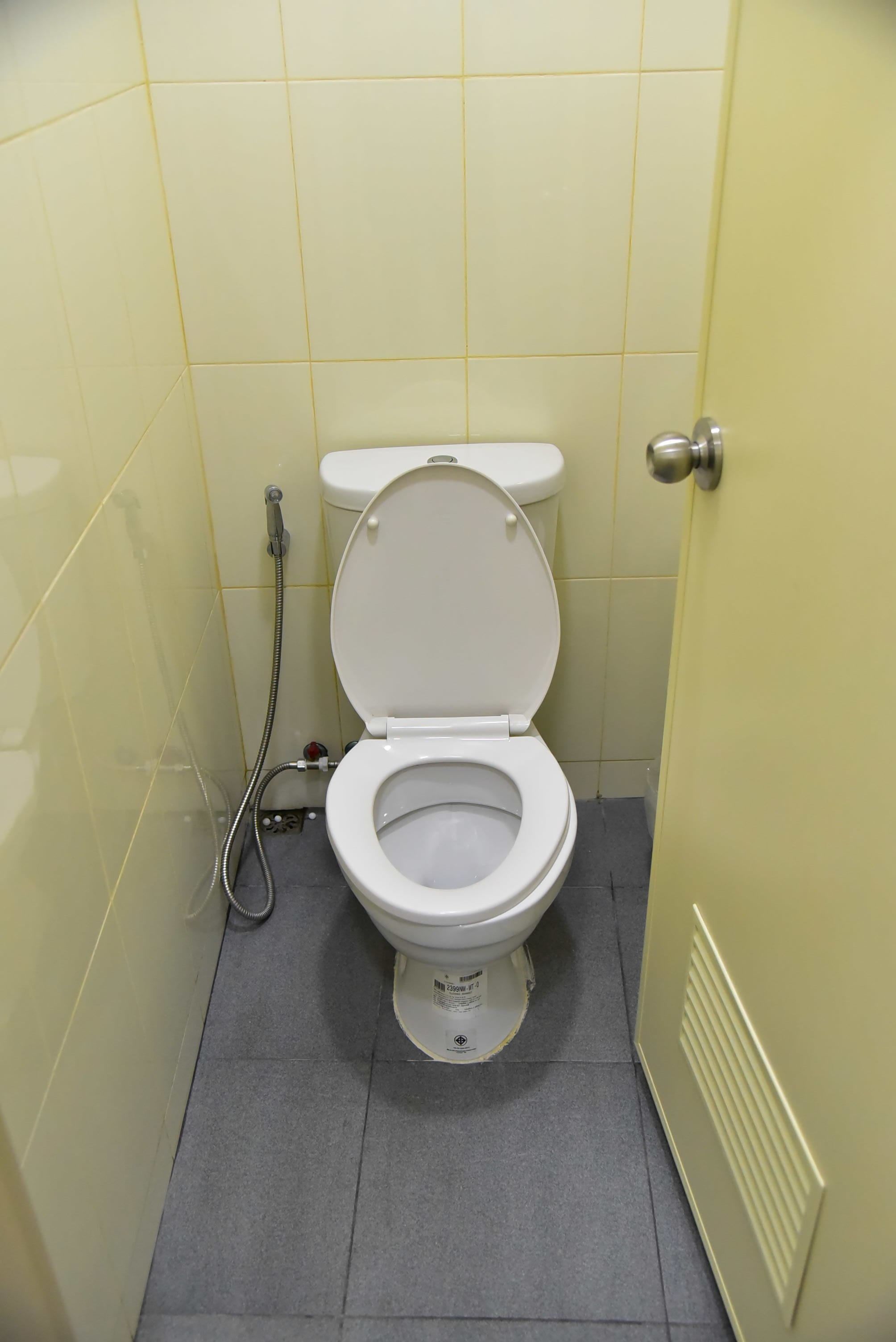 A small, compact bathroom with a toilet, a shower, and a door.