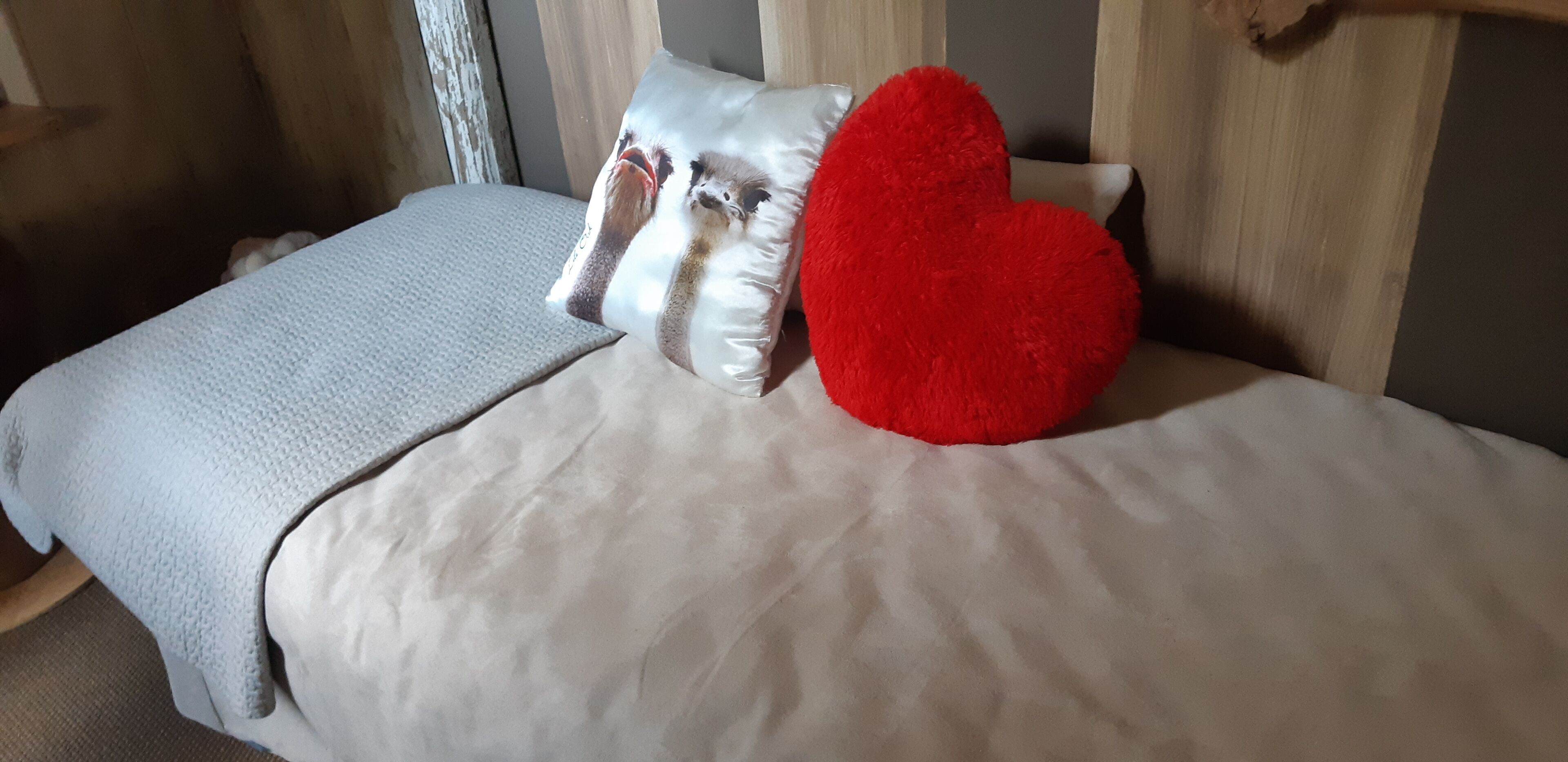 A bed with a grey blanket, two pillows (one with a face design), and a red heart-shaped pillow.