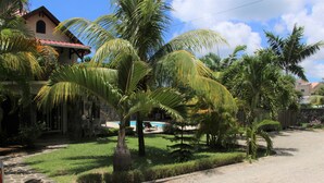 Um bairro residencial com uma casa, piscina e palmeiras.