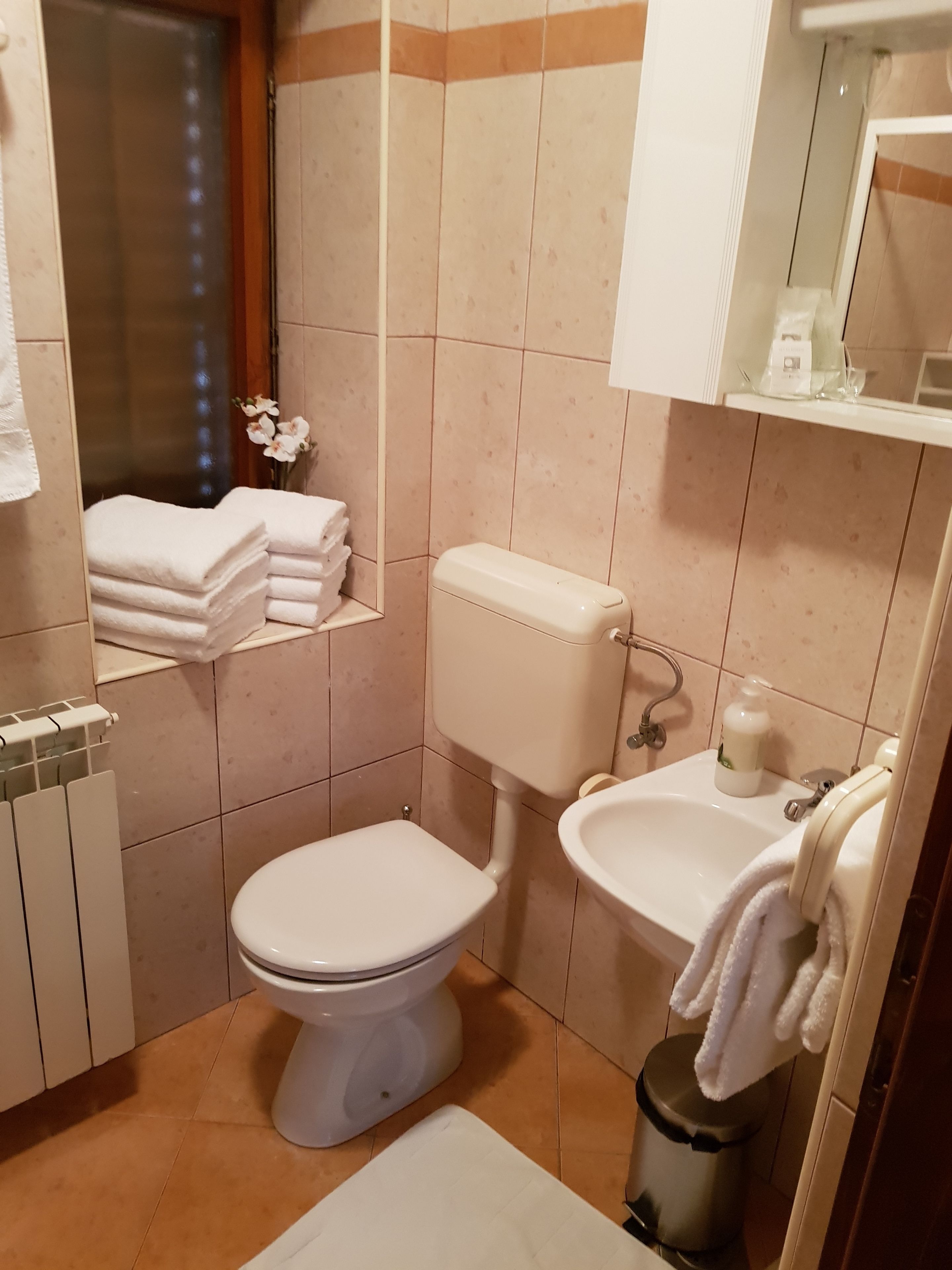 Ein kleines Badezimmer mit Toilette, Waschbecken und Mülleimer.