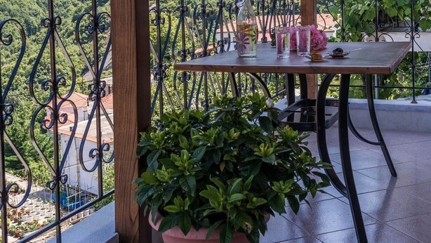 Una terraza con mesa lista para comer, una planta en maceta y vistas a un paisaje montañoso.