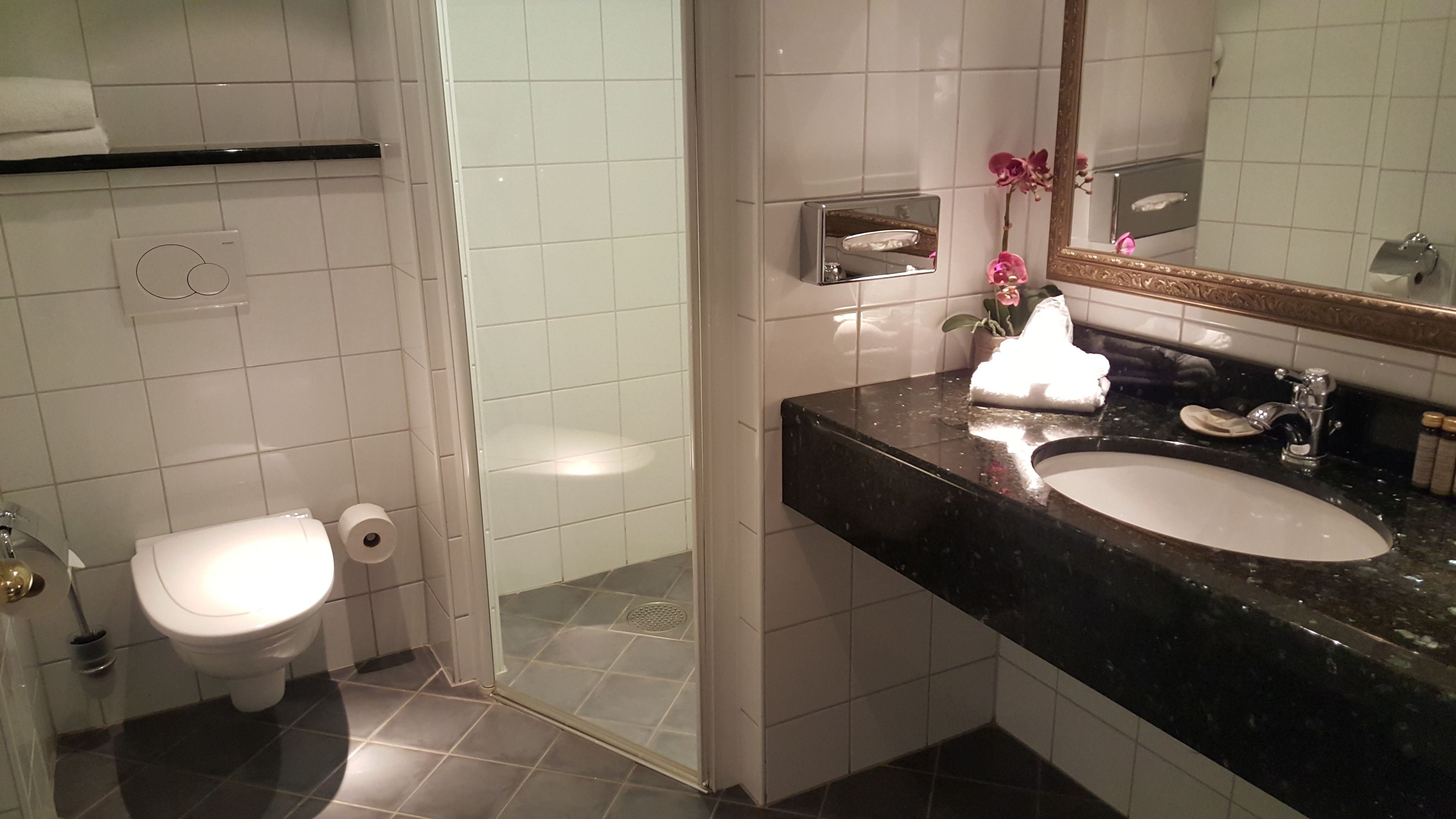 A bathroom with a toilet, sink, and mirror.