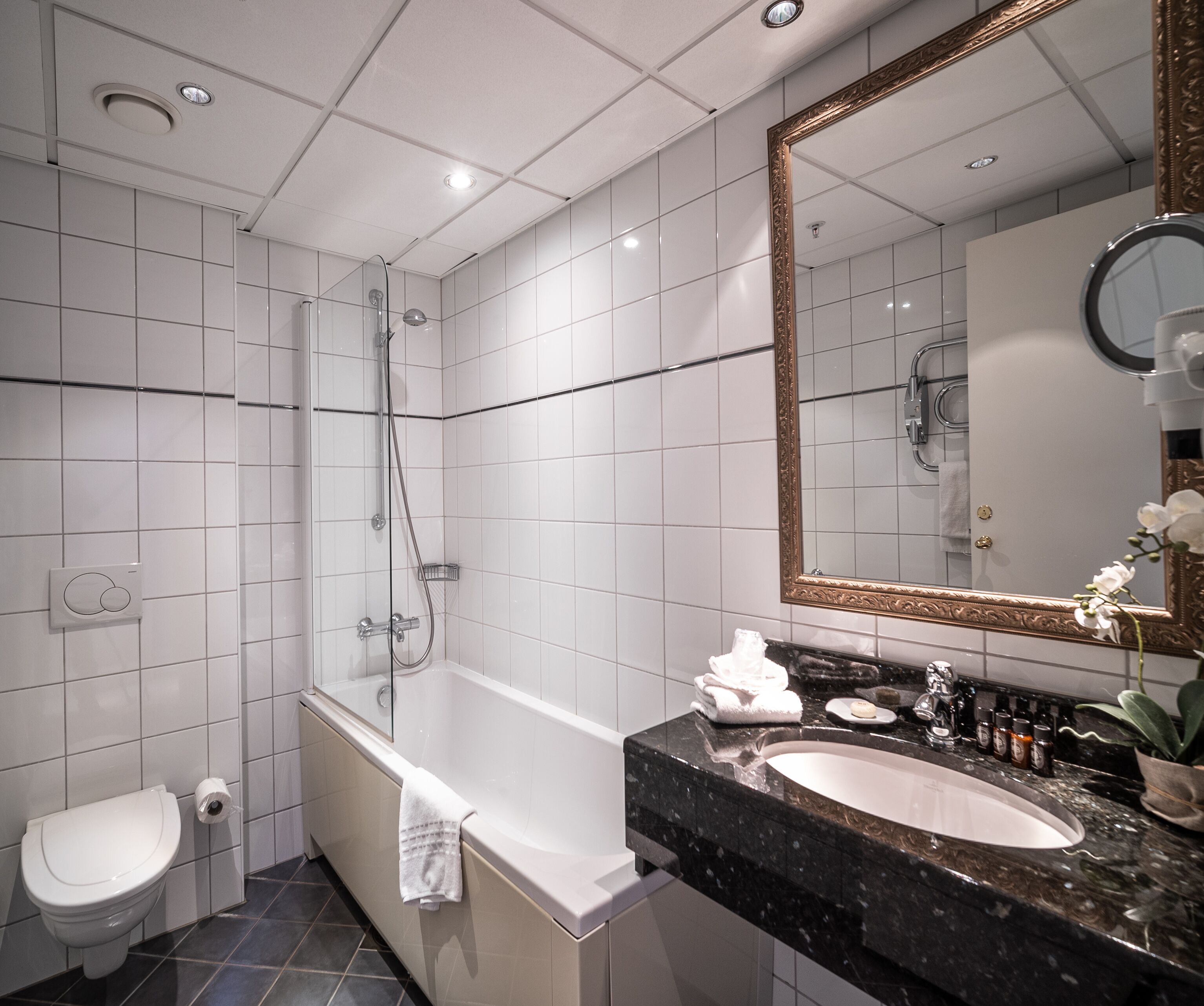 A modern bathroom with a bathtub, a toilet, a sink with a marble countertop, and a large mirror with an ornate frame.