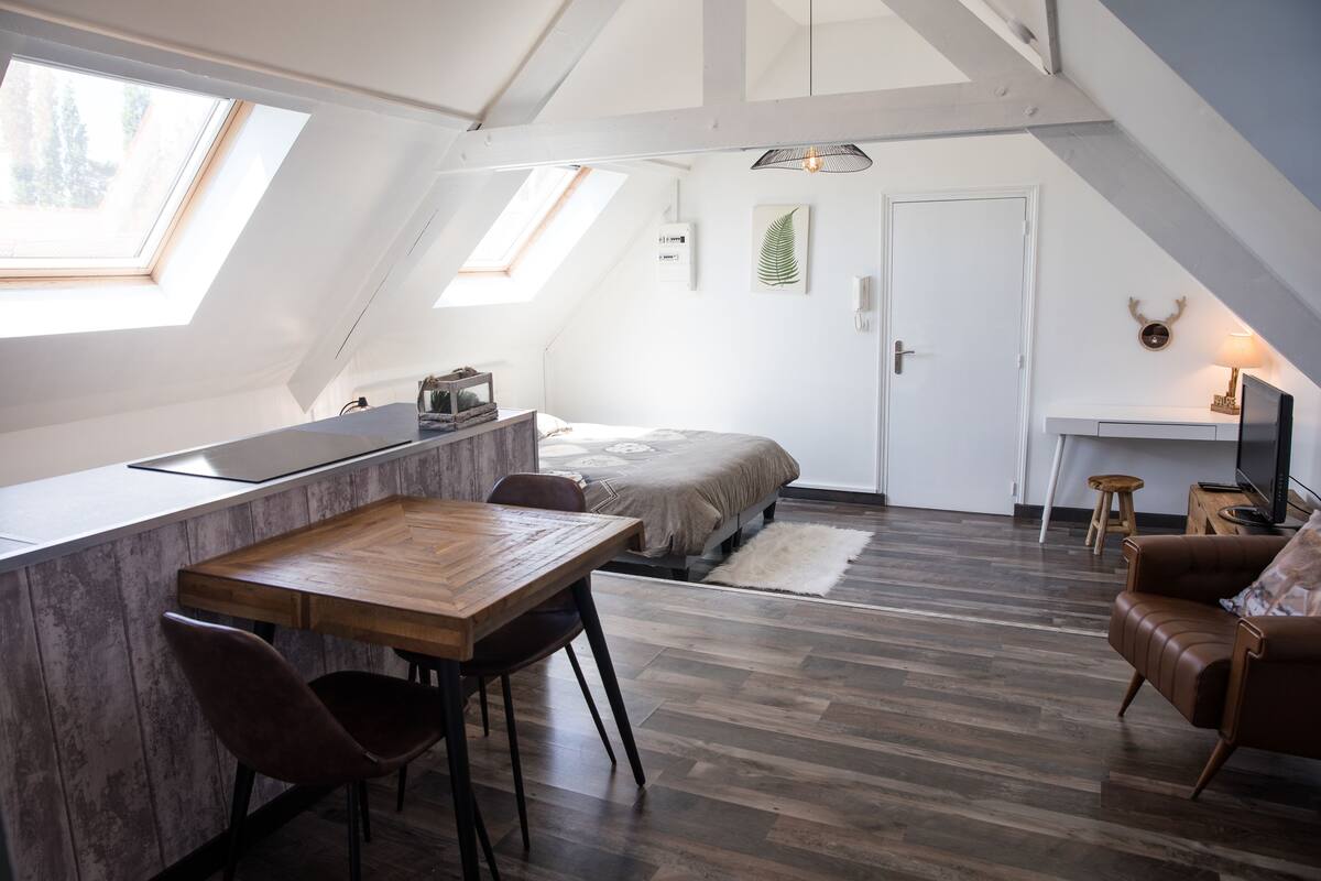 A loft-style bedroom with a bed, a desk, and a chair. There are skylights and a large window providing natural light.