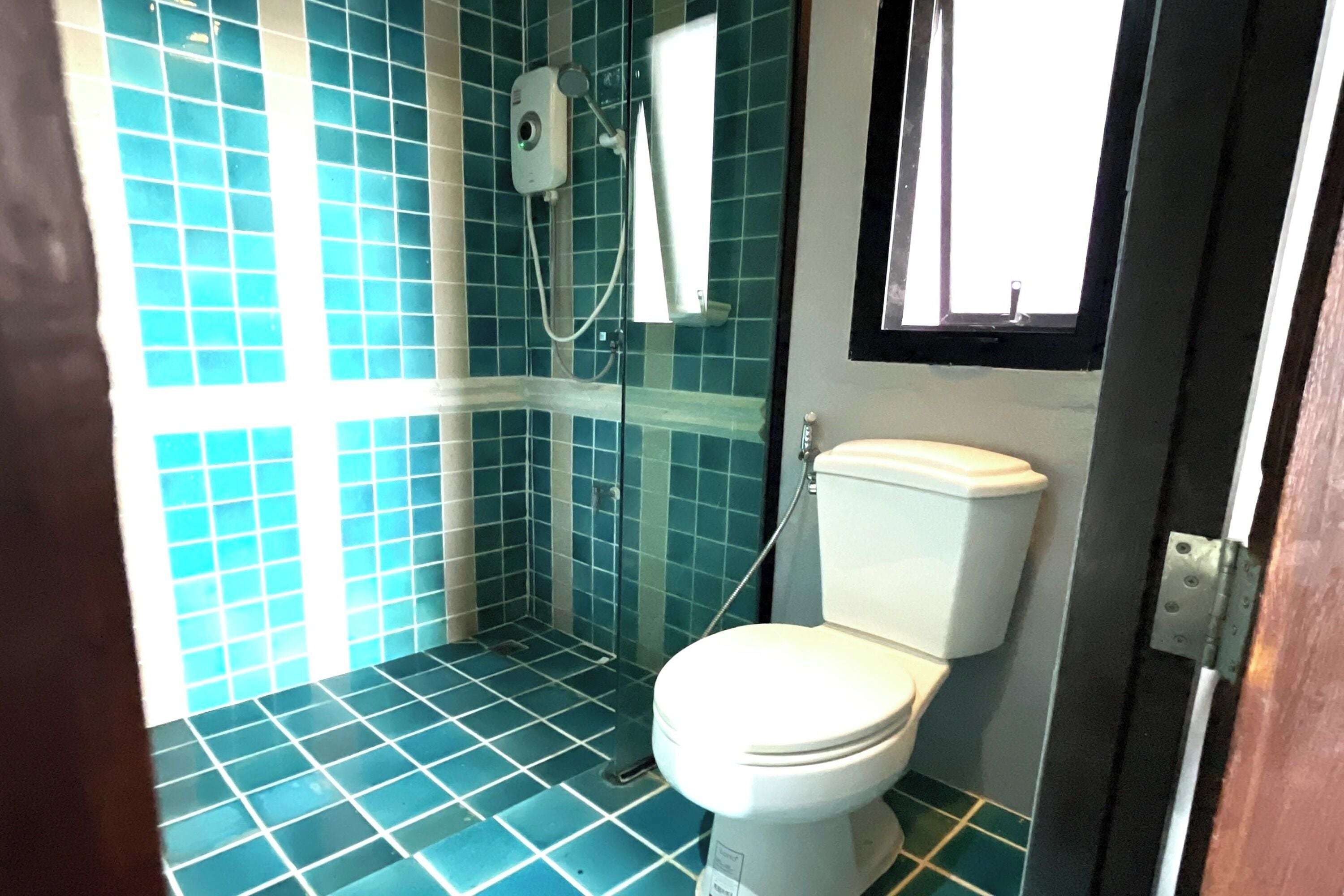 A bathroom with a toilet, a shower, and a window.