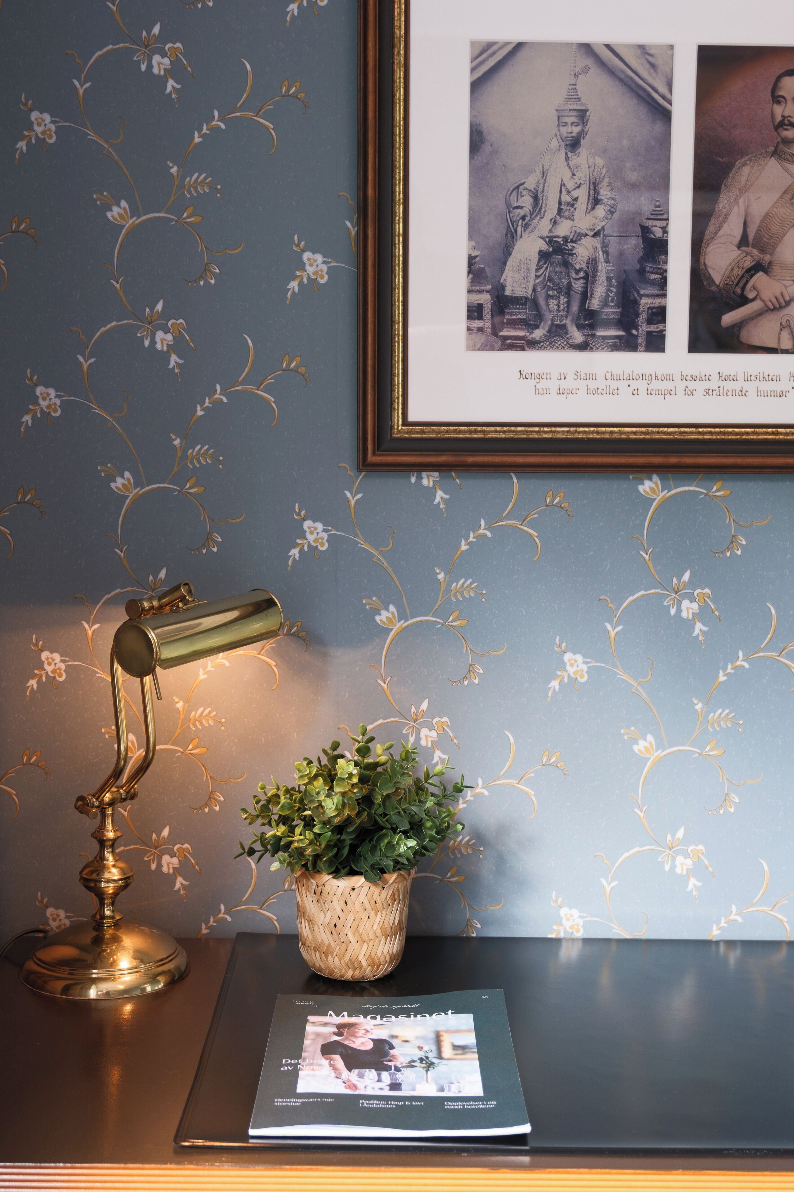 Een ingelijste foto aan de muur, een lamp, een kamerplant en een tijdschrift op een tafel.