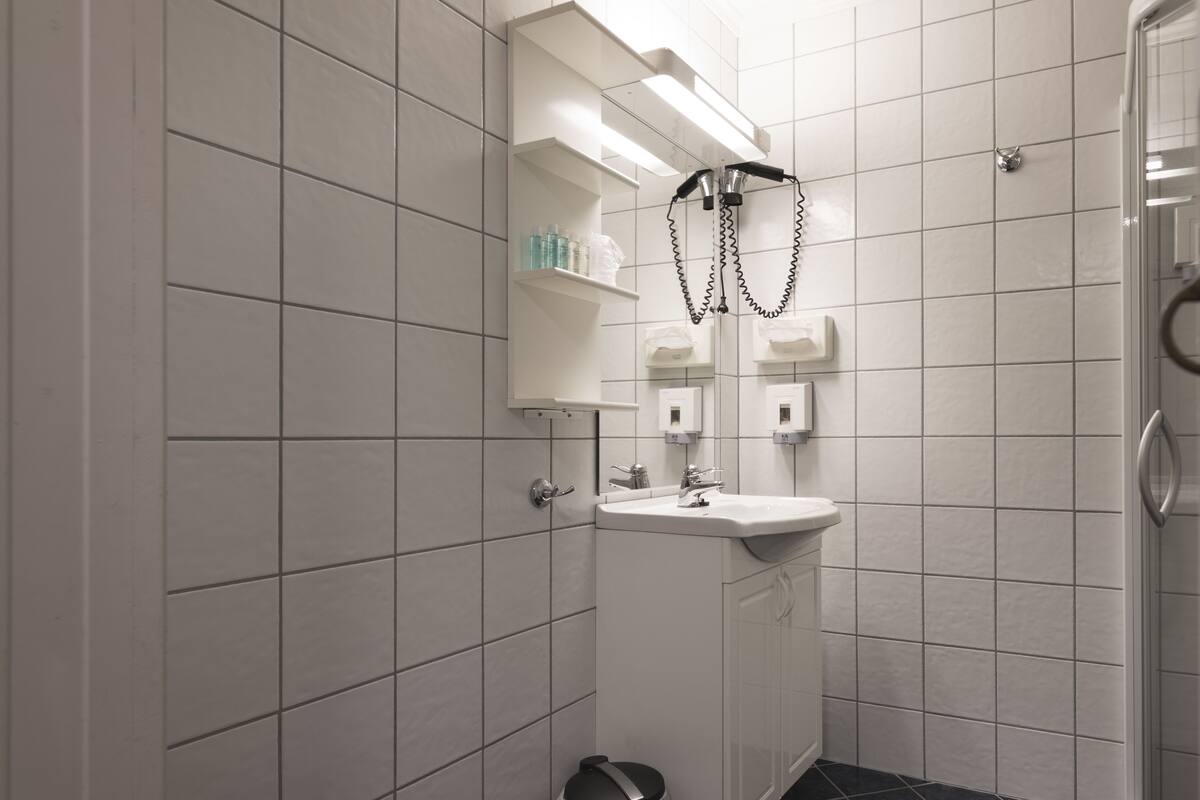 shower, free toiletries, hair dryer, towels