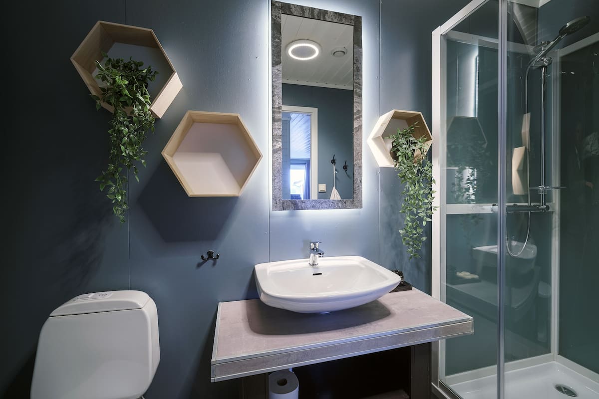 free toiletries, hair dryer, heated floors, towels