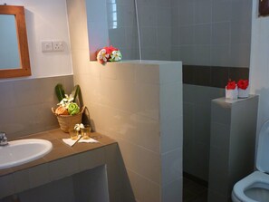 A bathroom with a sink, a mirror, a shower, and a toilet. - Kamili View Apartment in Zanzibar (Kiwengwa)