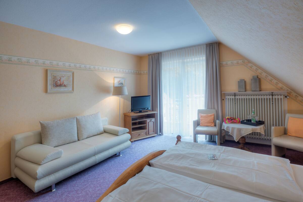 Una habitación de hotel con sofá, cama, televisión, silla y una mesita con bandeja.