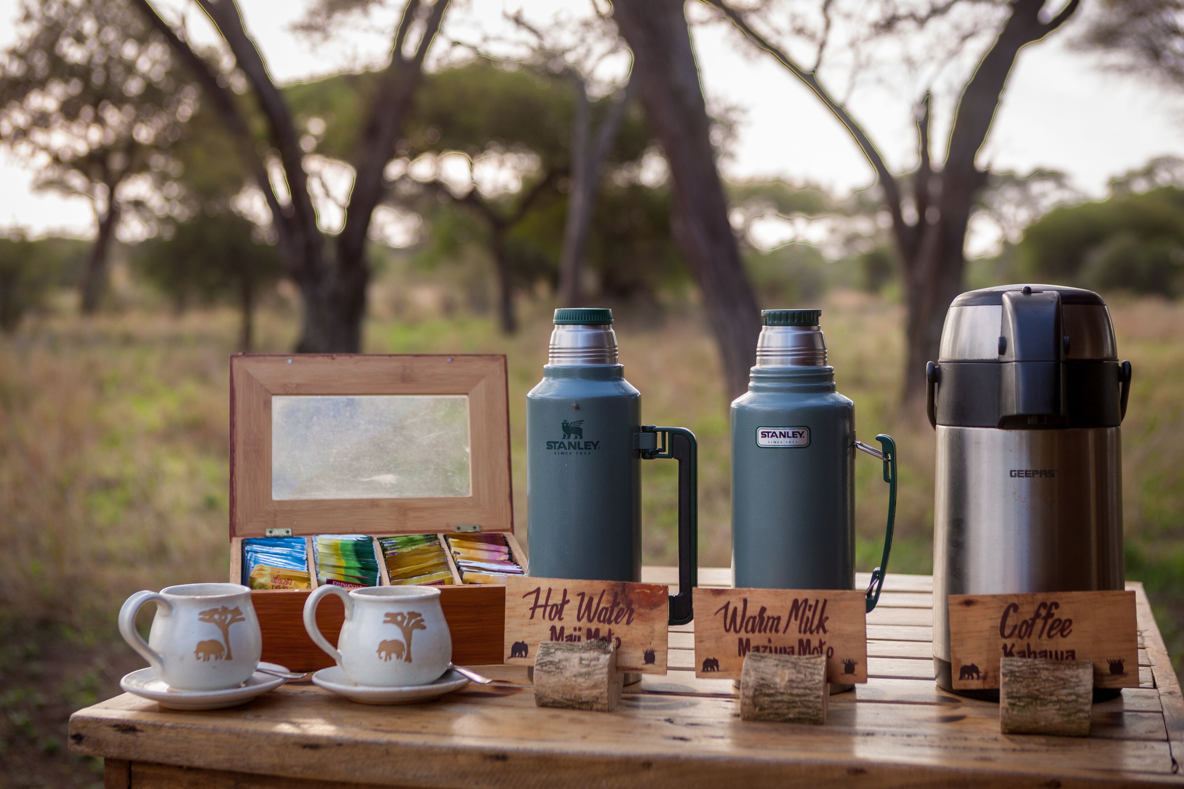 Une table en bois sur laquelle on trouve un cadre avec une photo, deux thermos et des sachets de thé étiquetés « Eau chaude », « Lait chaud » et « Café ».