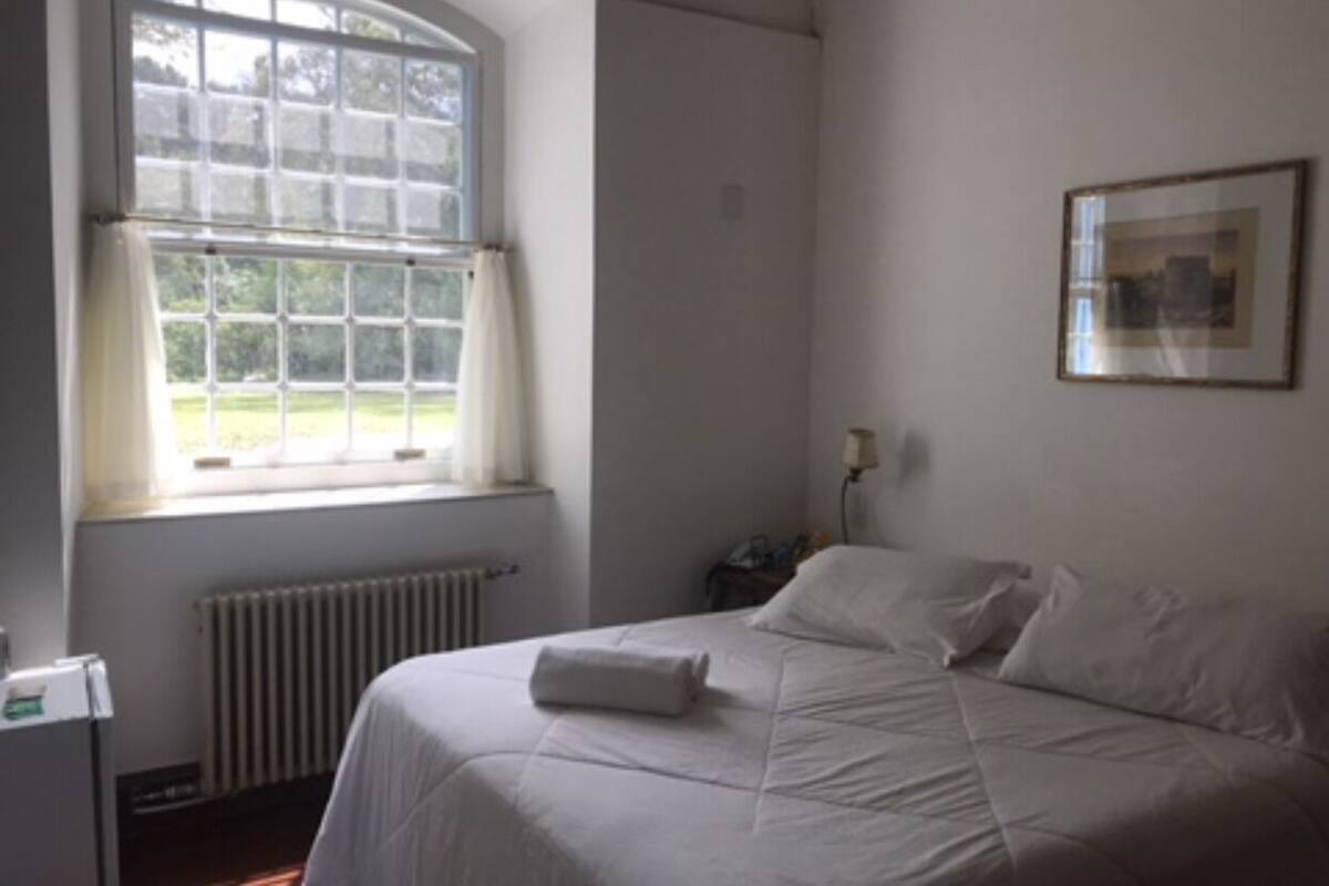 A bedroom with a large window, a radiator, a bedside table, and a framed picture on the wall.