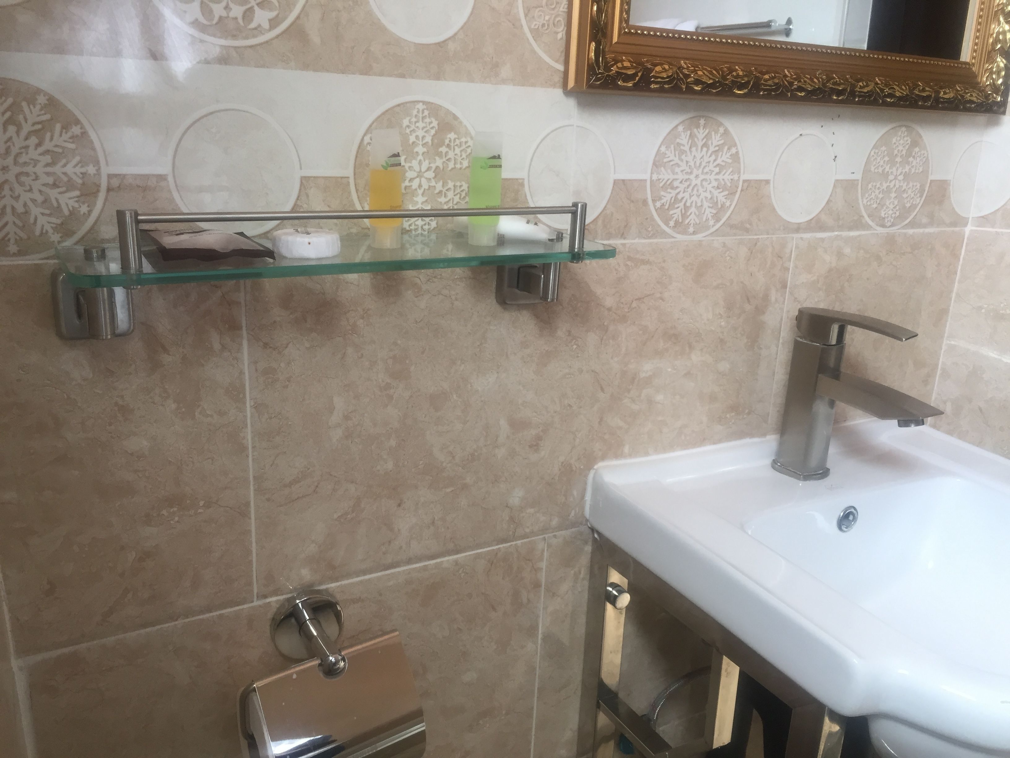 A bathroom with a white sink, a mirror with a gold frame, and a glass shelf holding toiletries.