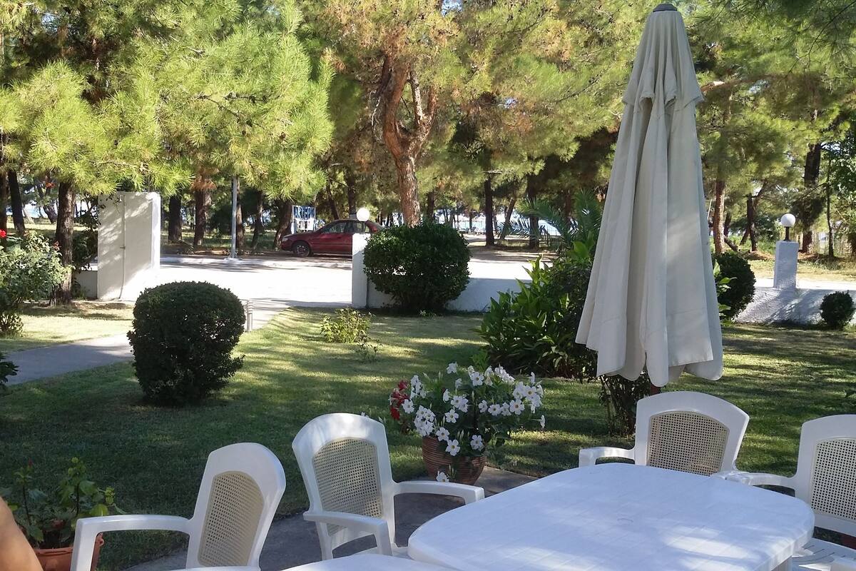 An outdoor seating area with white plastic chairs and tables, surrounded by greenery and trees.