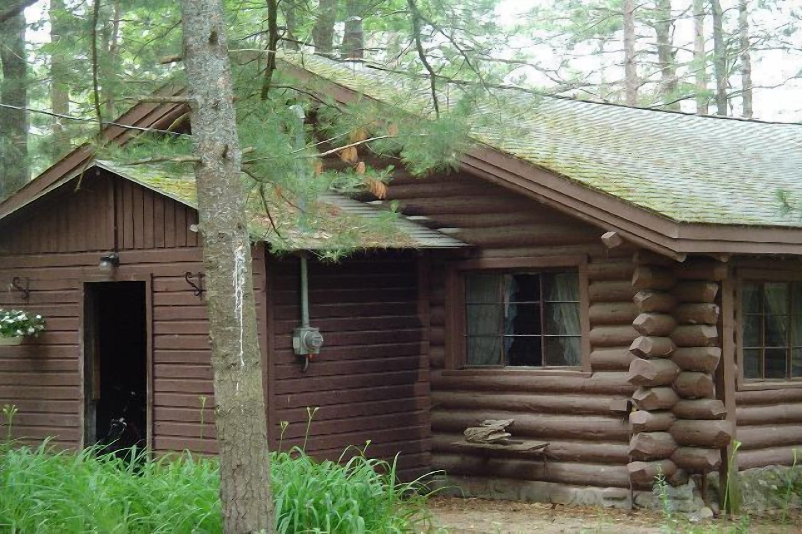 A rustic log cabin with a wooden door and windows, surrounded by trees.