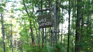 Un chien est assis sur un chemin de terre, à côté d’un panneau indiquant « Wild Winds 3731 ».