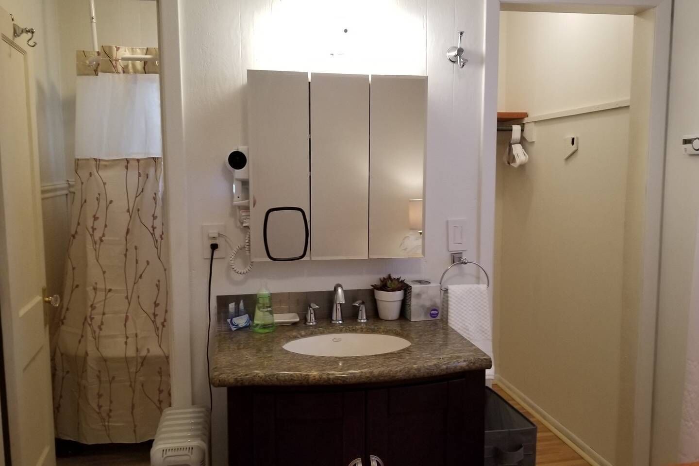 Une salle de bain avec un lavabo doté d’un plan de travail en granit, un miroir, un porte-serviettes, un distributeur de savon et une petite plante en pot.