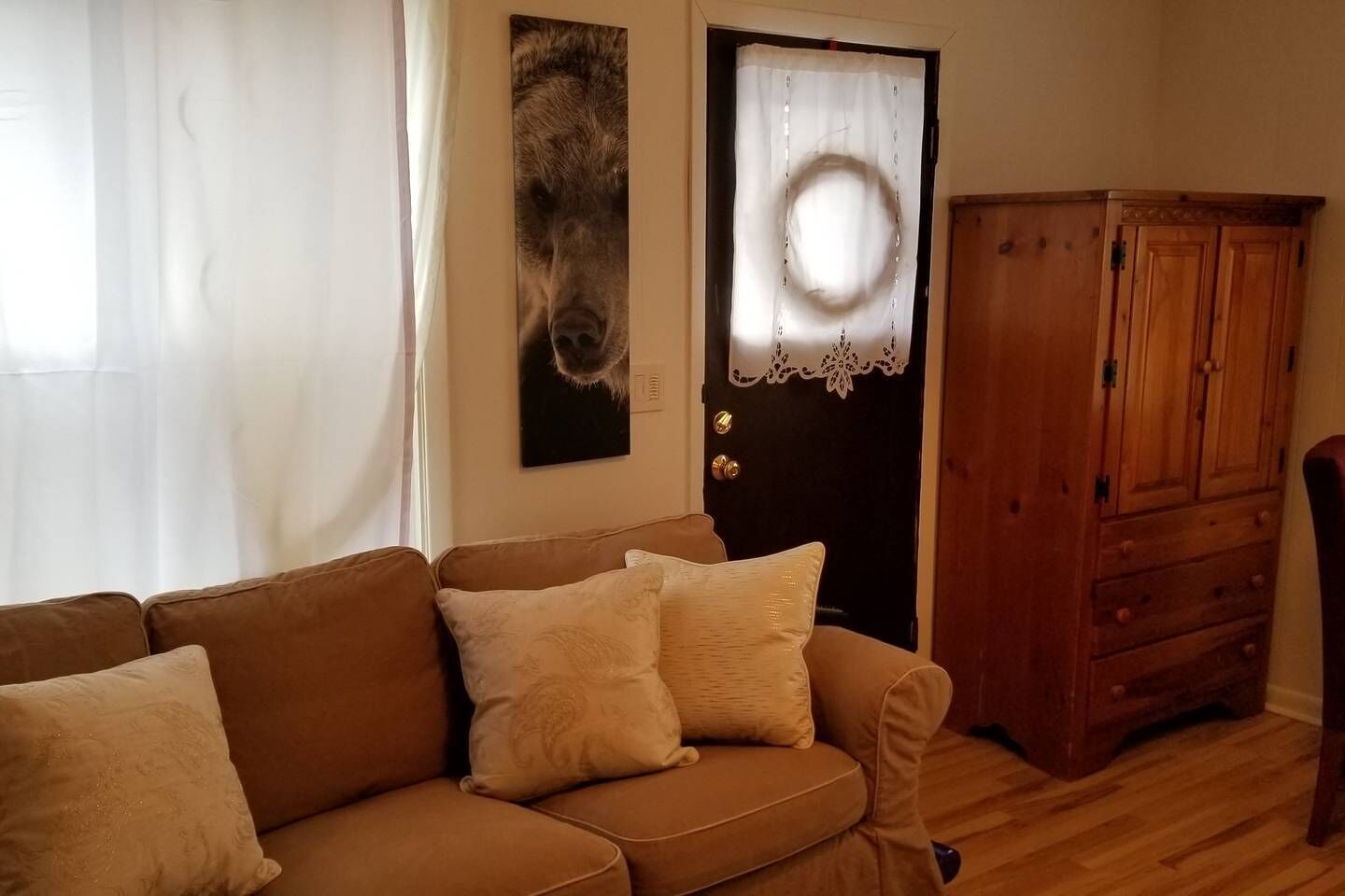 A living room with a brown sofa, white cushions, a wooden cabinet, and a door with a lace curtain.