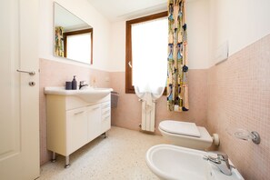 Shower, hair dryer, bidet, towels