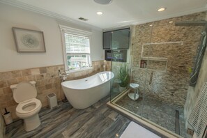 Hair dryer, towels, soap, shampoo