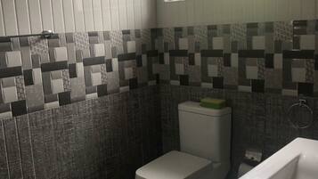 Shower, hair dryer, bidet, towels