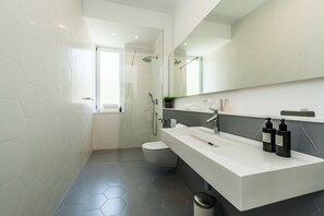 Shower, hair dryer, towels, soap