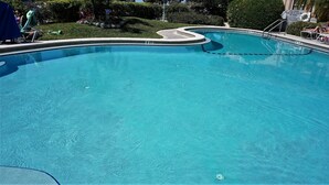 Piscina azul cristalina con borde curvo, rodeada de césped cuidado y vegetación.