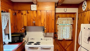 A compact kitchen with wooden cabinets, a stove, a microwave, and a refrigerator. - A beautiful lake view cabin on Friends Lake   (Chestertown)